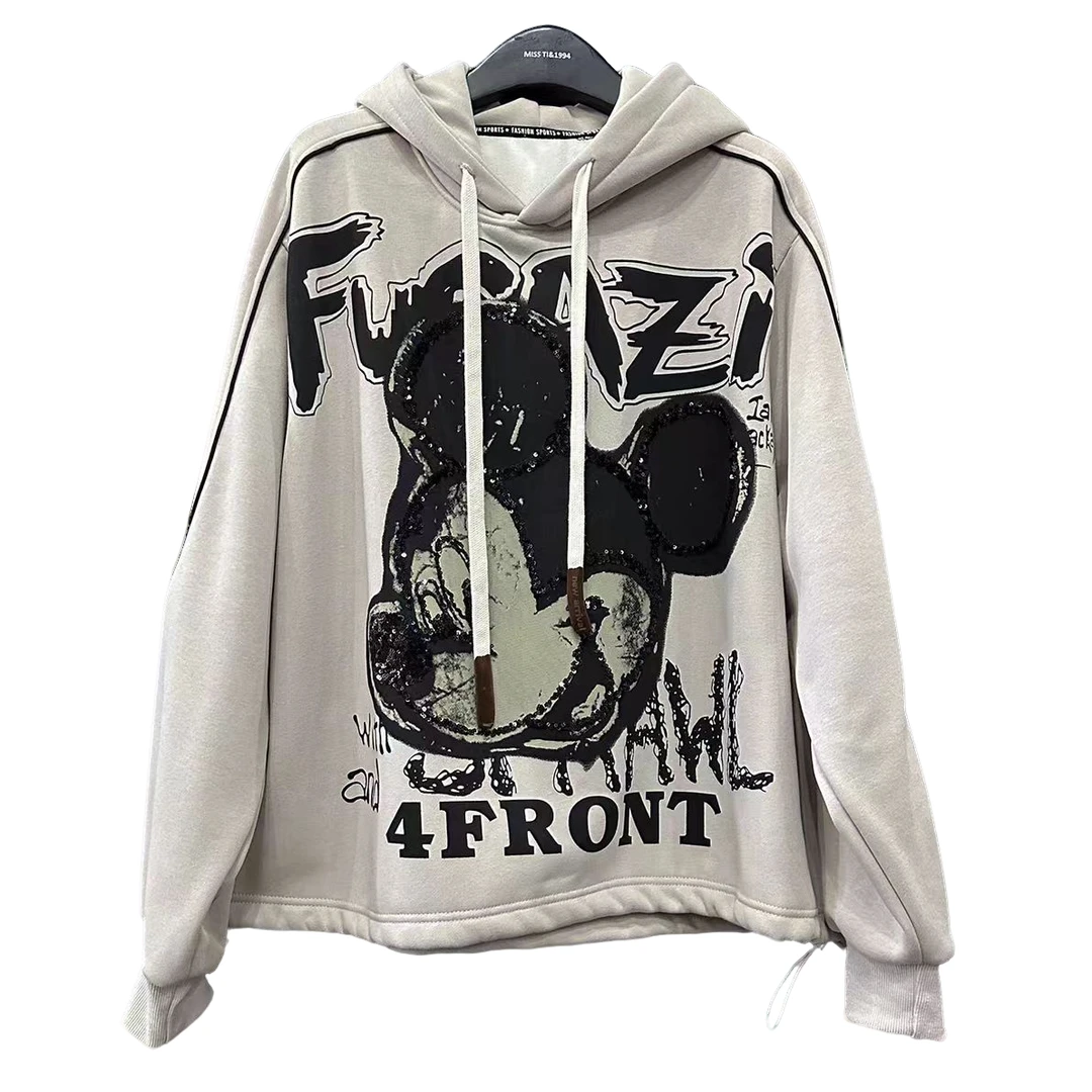 字母米奇--连帽加绒加厚卫衣--秋冬时尚穿搭欧美宽松重工大码休闲