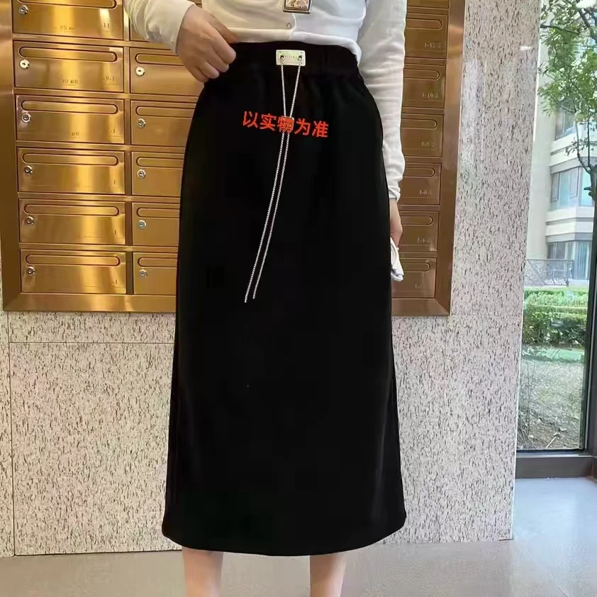 8601#半身裙气质网红高腰时尚休闲百搭黑色中长款显瘦女士A字