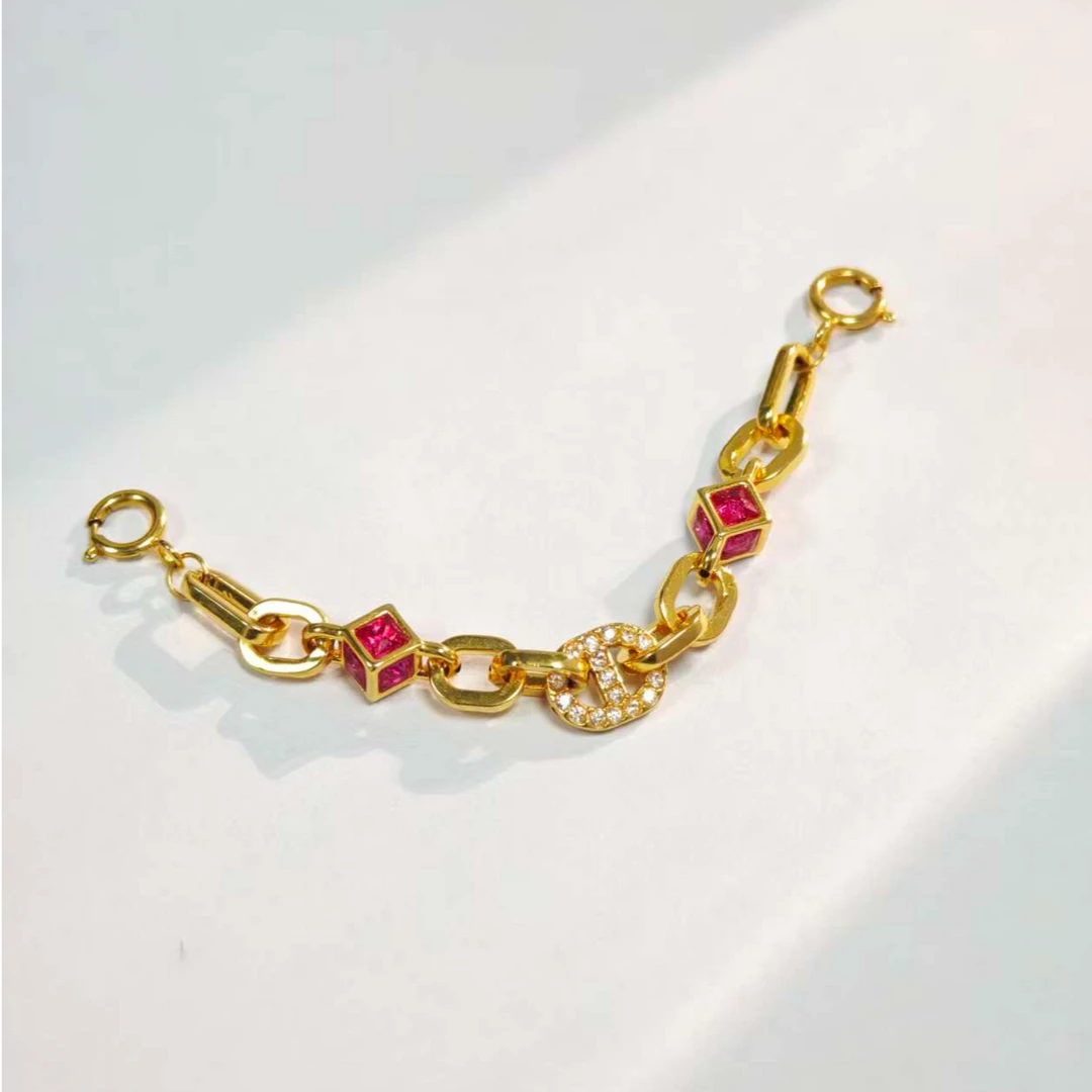 【媛媛】18K金环环相扣猪鼻子延长链（红/白/绿）长约7cm