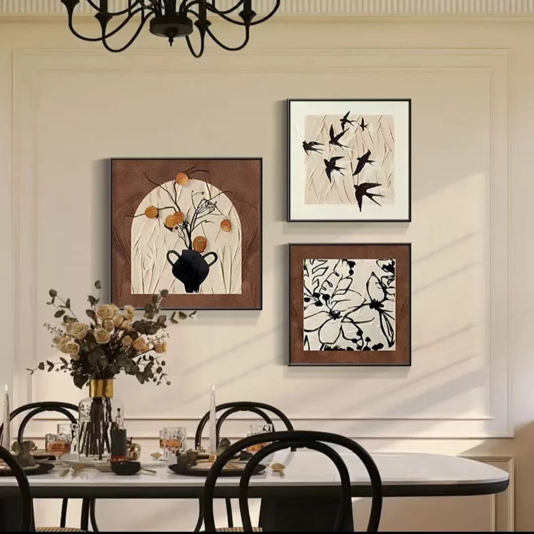 砂岩美式中古北欧餐厅装饰画奶油风饭厅挂画高级感轻奢餐桌画三联