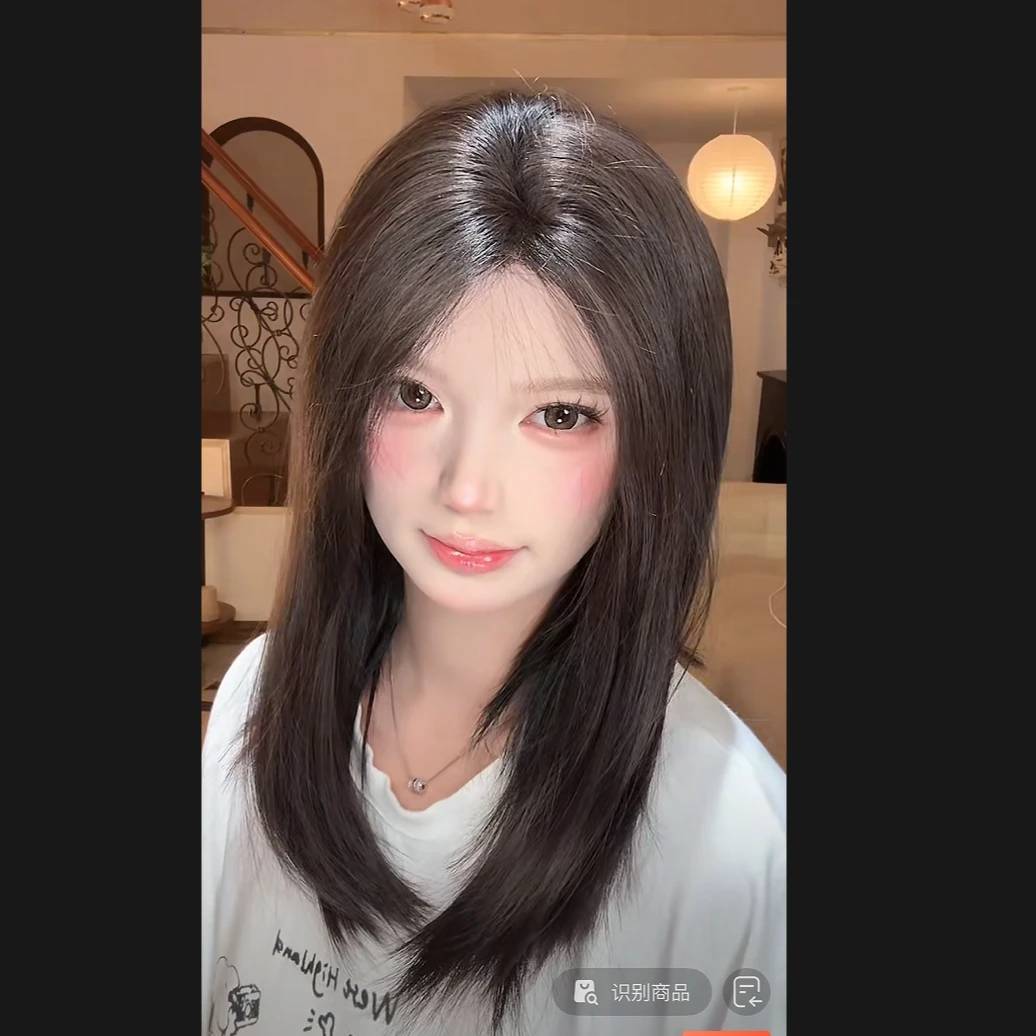 （免发网假发）头顶补发块短发内扣黑茶色隐形大蕾丝