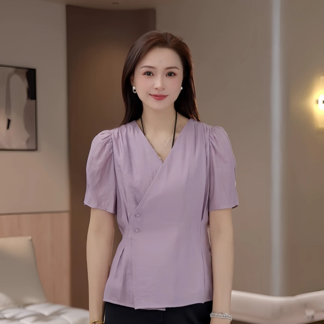 豆豆3【收腰小衫】夏季V领小衫气质上衣短袖短T-D2268