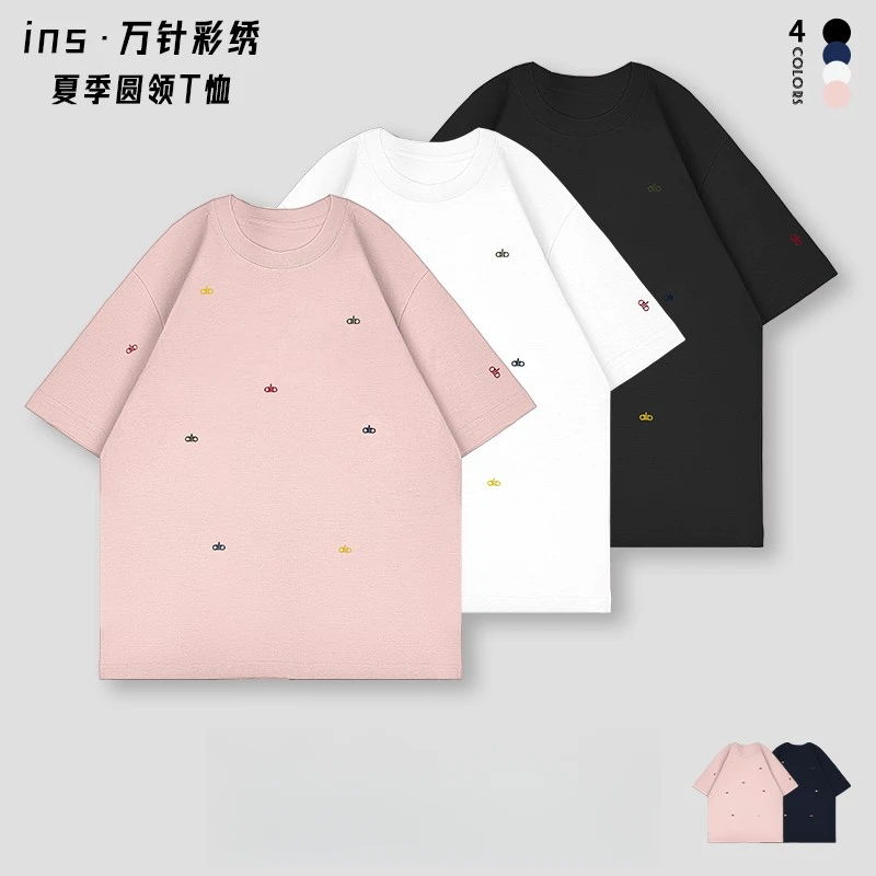 【夏季上新刺绣时尚纯色圆领短袖】百搭潮流刺绣圆领短袖72315