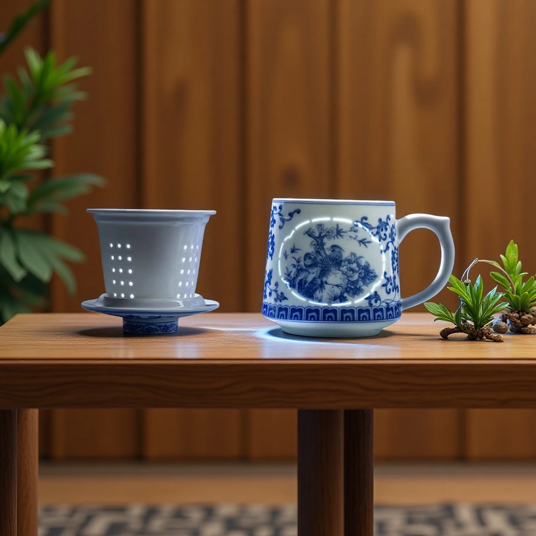 景德镇玲珑青花瓷办公杯茶杯茶具开窗花鸟山水茶水分离带盖中式