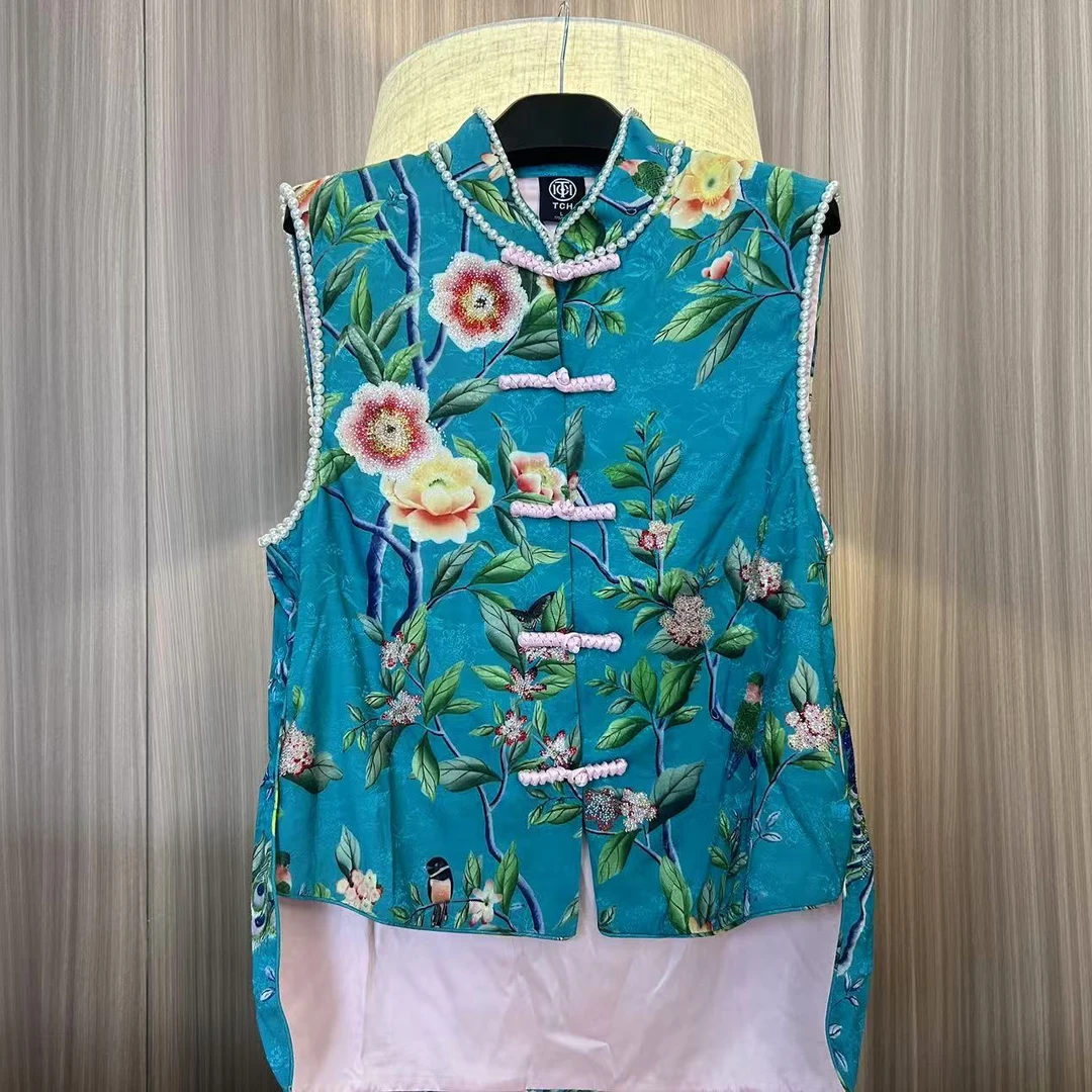 TCH-TCH连珠提花新中式绿色马甲女24盘扣轻奢上衣T72A01E6005炸街