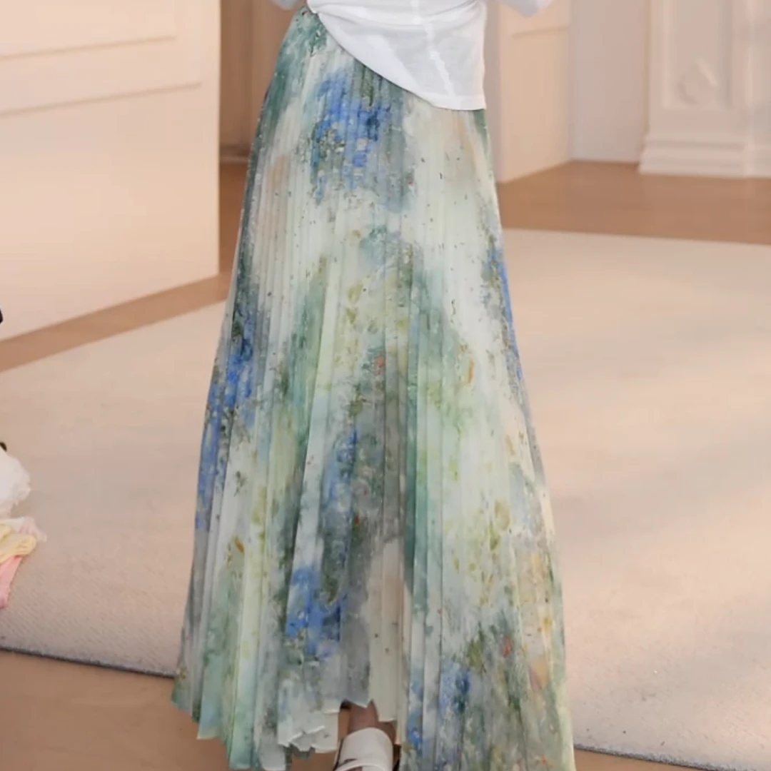 【莫奈花园】显瘦气质松紧腰头花色不规则半身裙