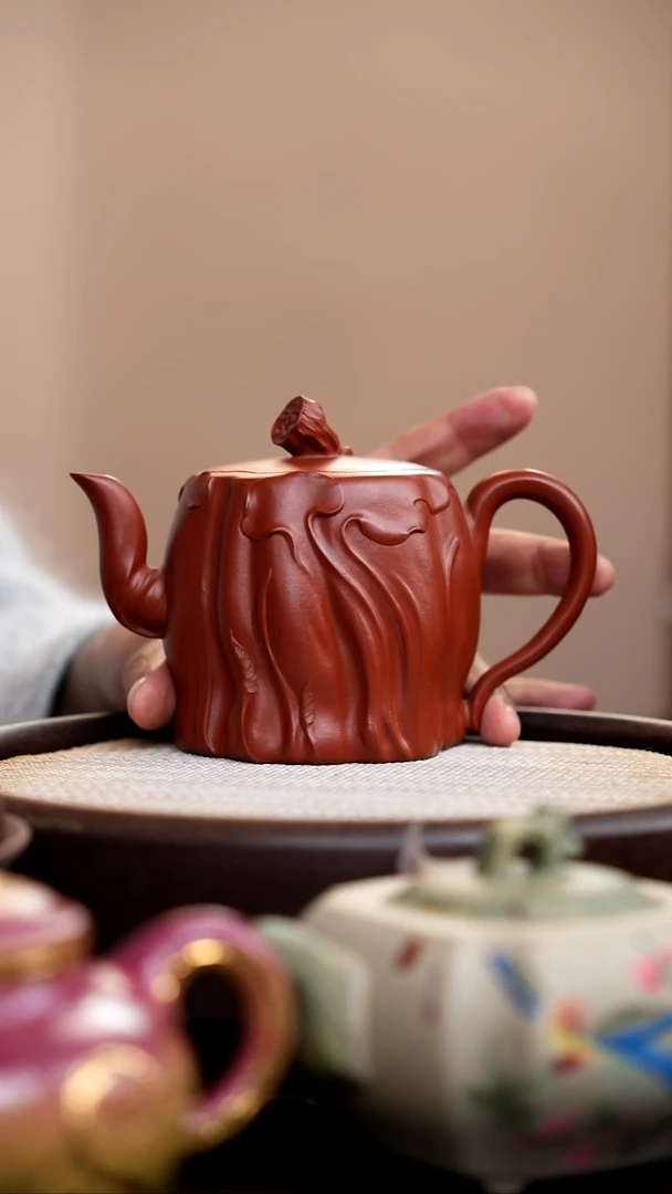 茶壶紫砂朱泥荷叶肌理壶高