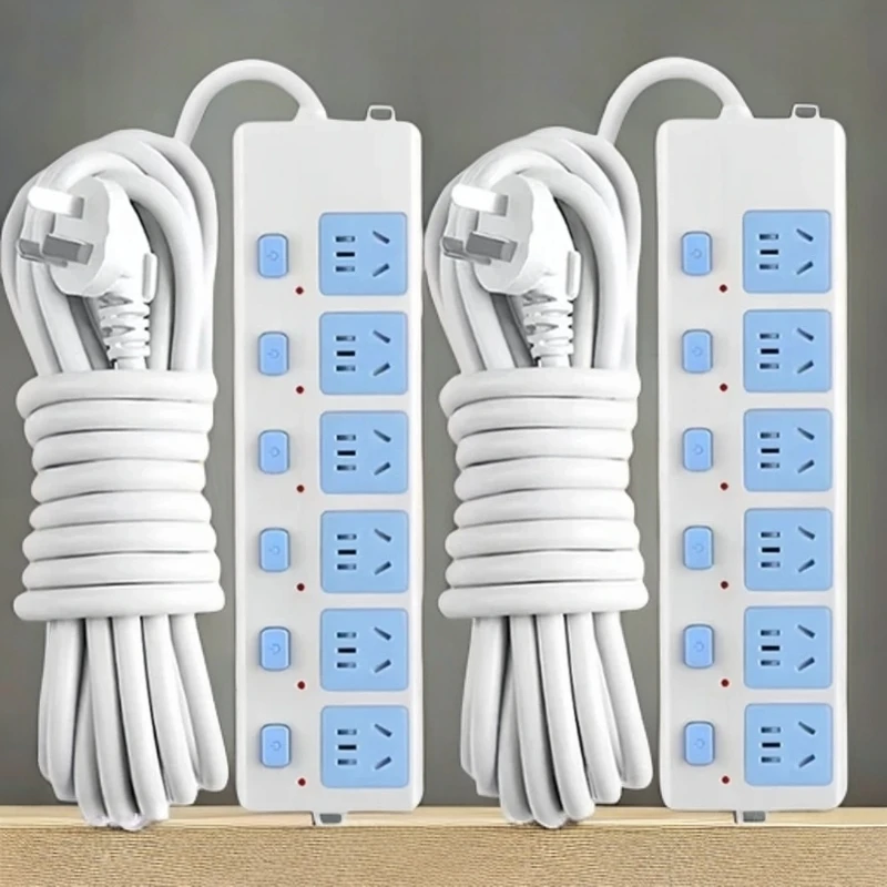 带线2米-30米插线板蓝白排插多功能拖线板纯铜多孔家用插座电插板