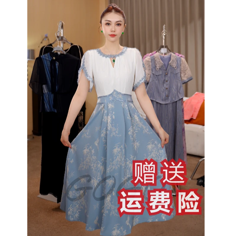 富贵竹 G6715设计感白色收腰拼接连衣裙女2025夏季新款花朵裙子