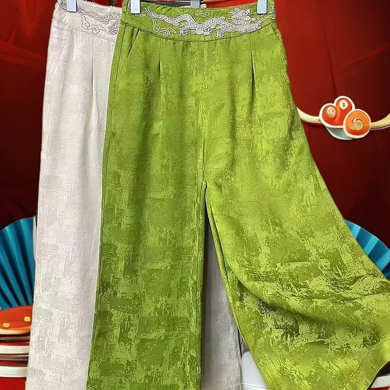 1035【绿涂】裤-高端定制涂鸦龙腾刺绣阔腿裤