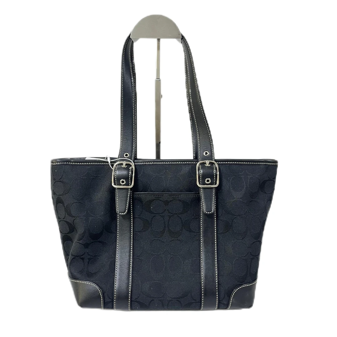 95新 COACH/蔻驰 黑色老花帆布拼皮单肩手提包 MM-81027