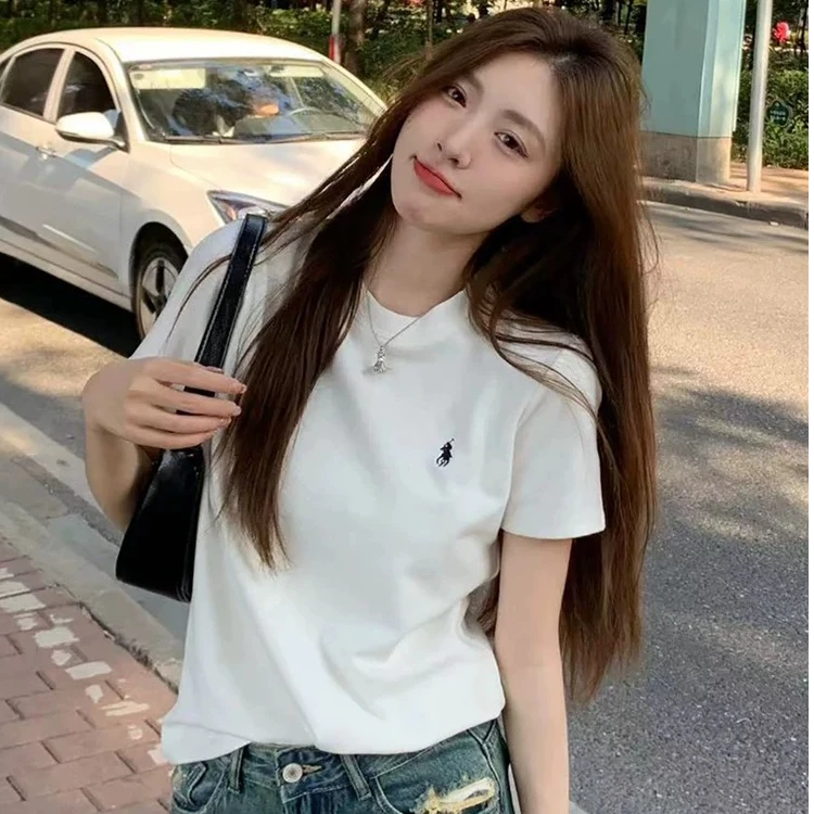 新款刺绣圆领修身短袖T恤女装夏季上新打底衫短款纯色显瘦上衣T恤