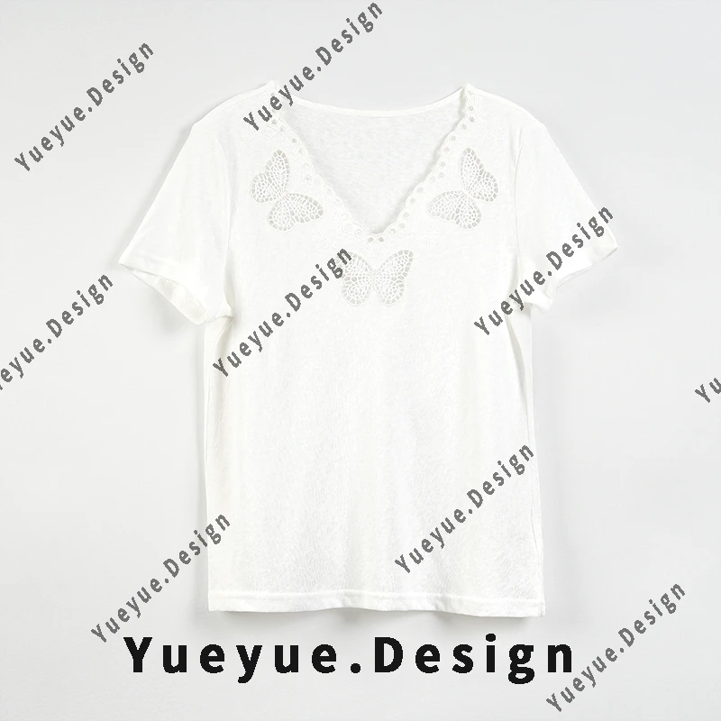 【悦悦专属】夏季设计感正肩刺绣镂空蝴蝶短袖T恤Y369