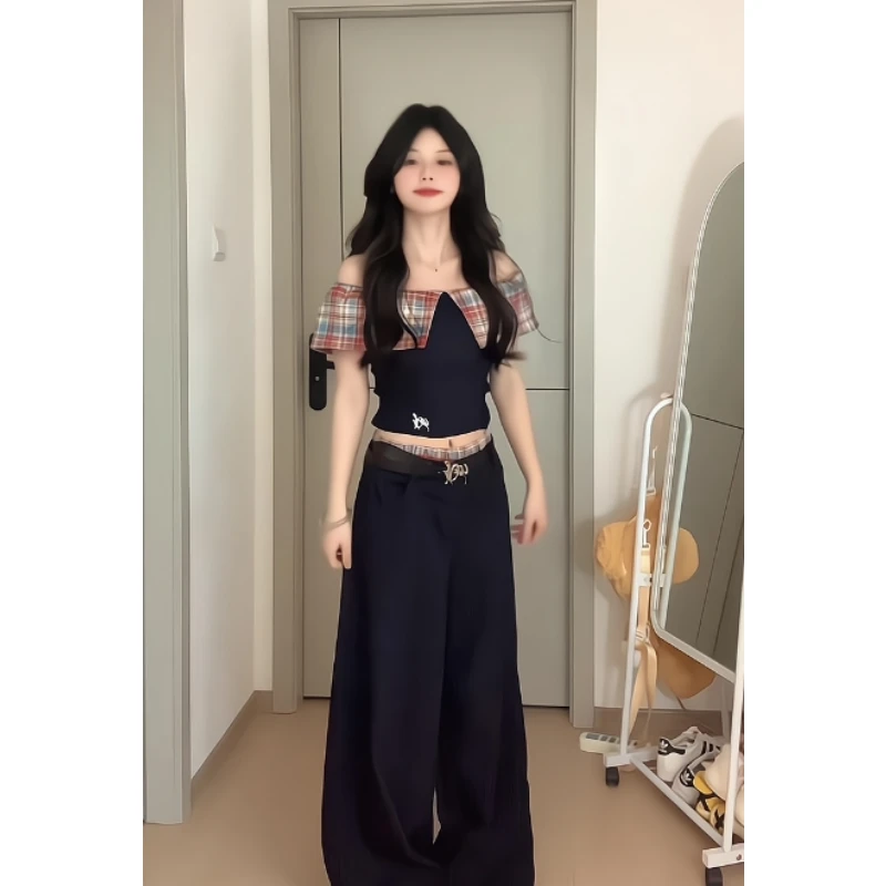 MARIE.COCO纯欲风复古辣妹格纹一字肩修身短t宽松显瘦窄版工装裤