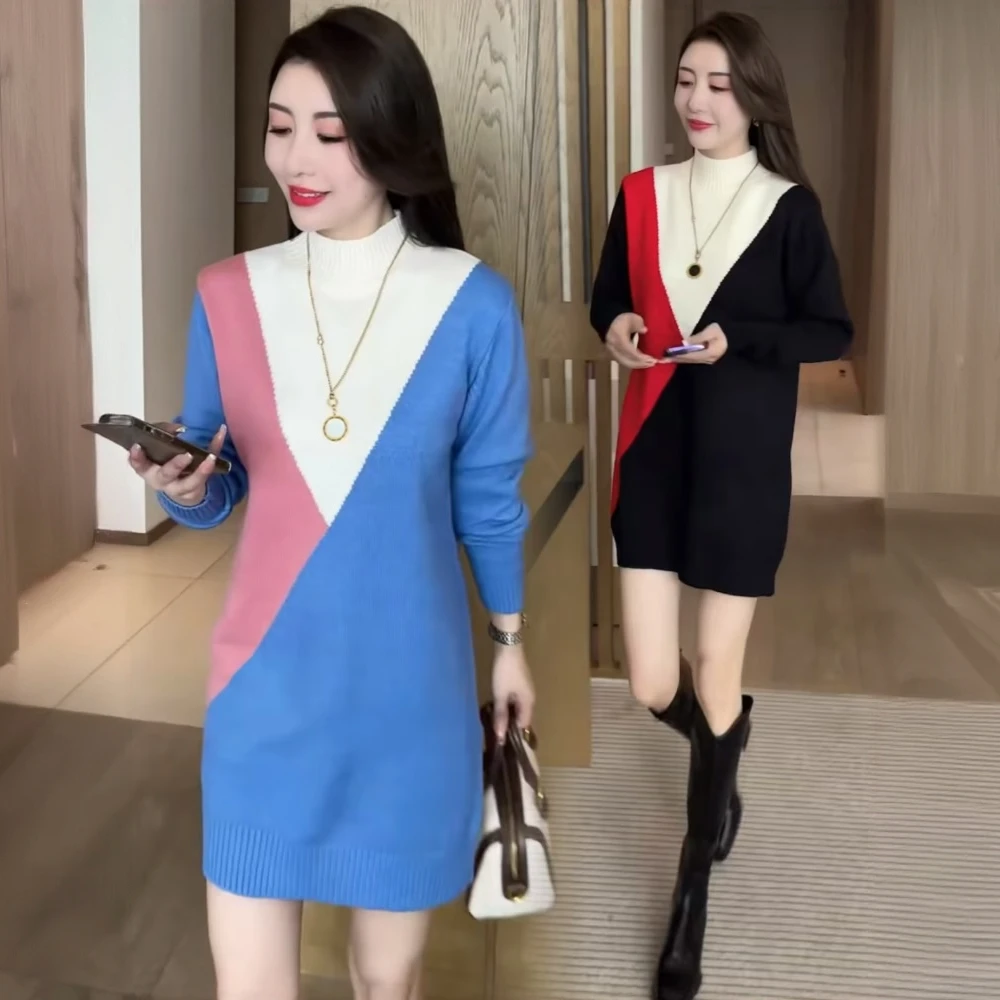 La babite半高领毛衣中长款秋冬装2025新款时尚洋气撞色针织裙