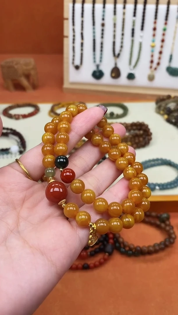 手链蜜蜡未镶嵌双圈蜜蜡和田南红手串