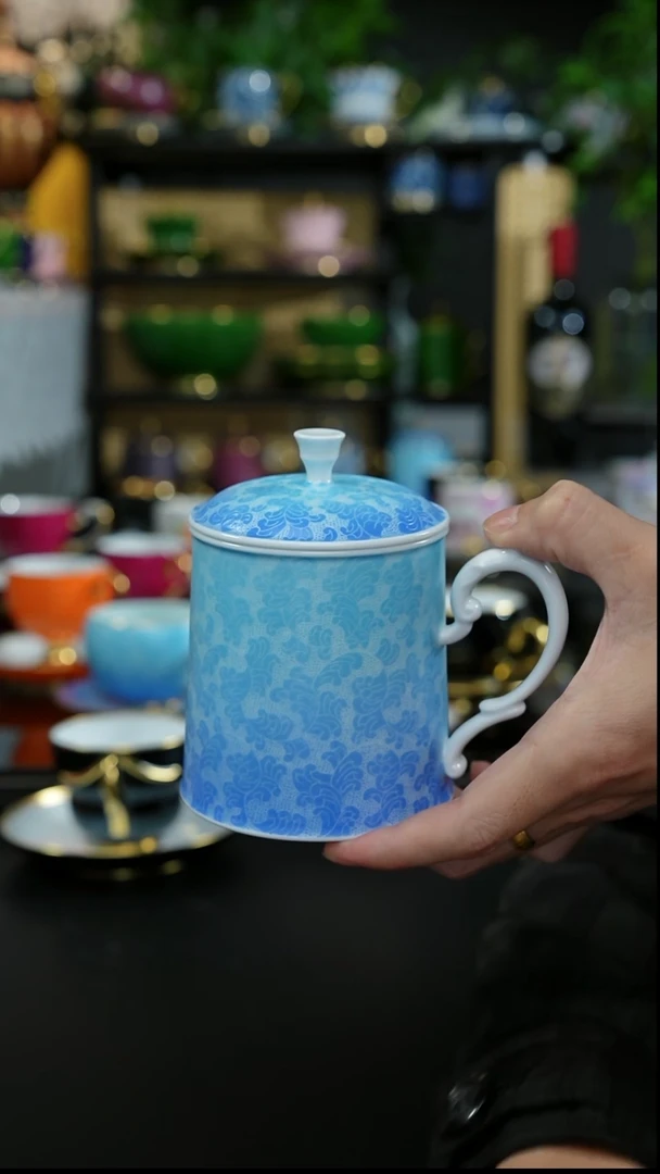 手工扒花天青蓝马克杯，，，，，