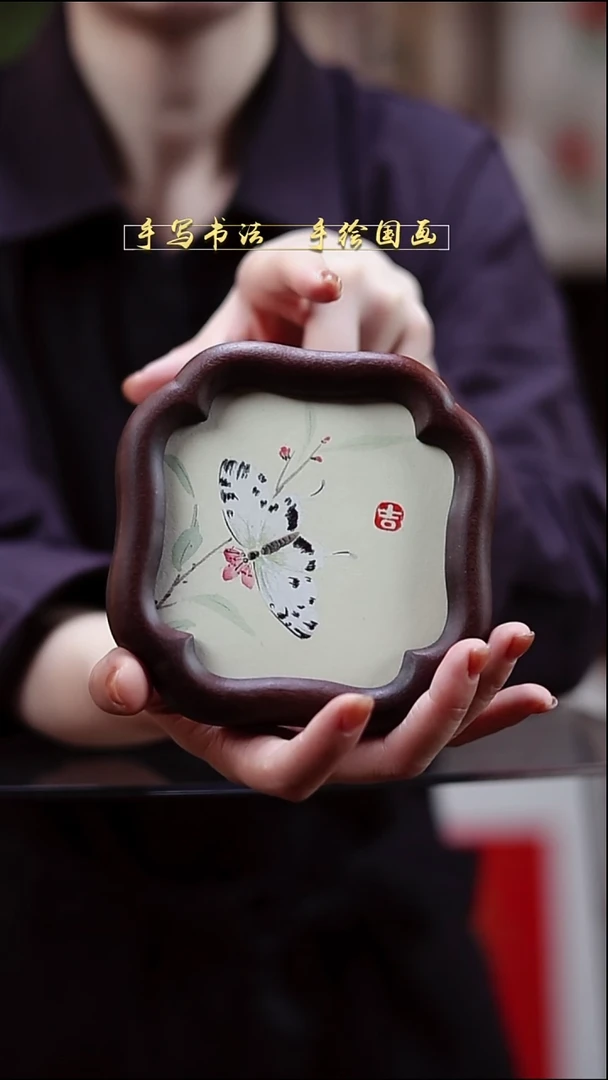 国画福蝶 桃花 实木12*12cm