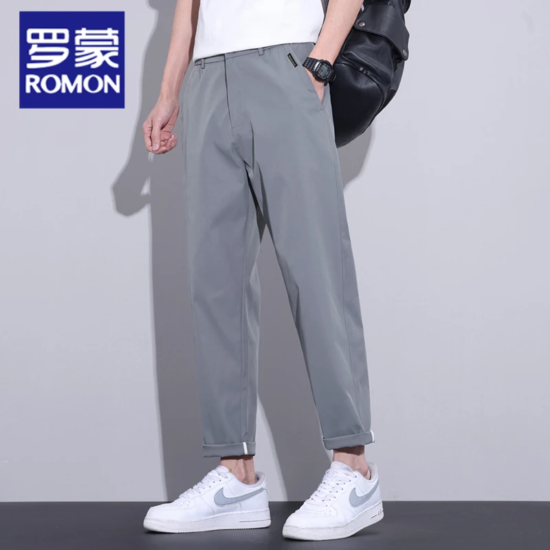 罗蒙夏季薄款宽松直筒锥形休闲裤男士冰丝透气九分商务免烫西装裤