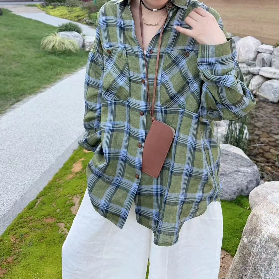 XMM【绿格子色织亚麻】时尚百搭潮流显瘦洋气宽松休闲透气MM6681272