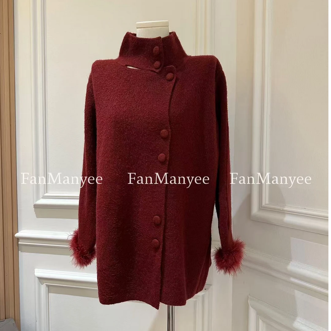 【酒心甜巧】秋冬新年战袍袖口拼接毛毛中长款气质针织开衫外套