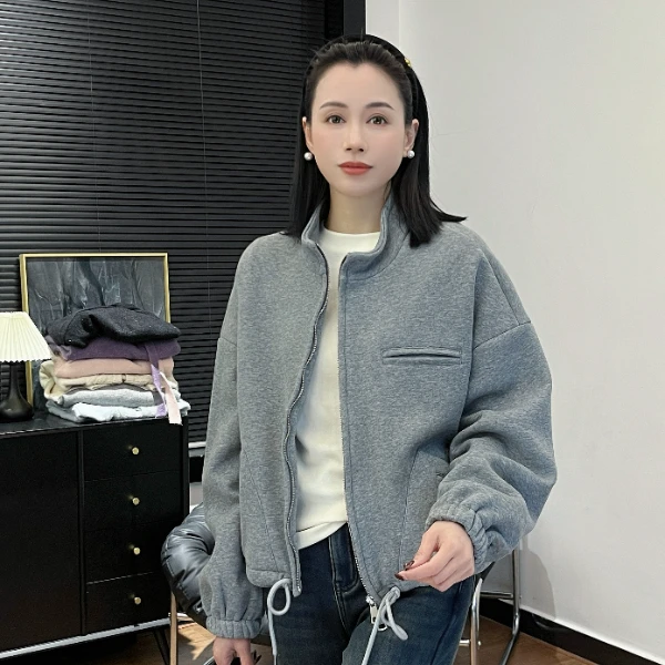 【Si&华严选】韩系简约休闲百搭立领拉链抽绳短外套加绒厚卫衣8159