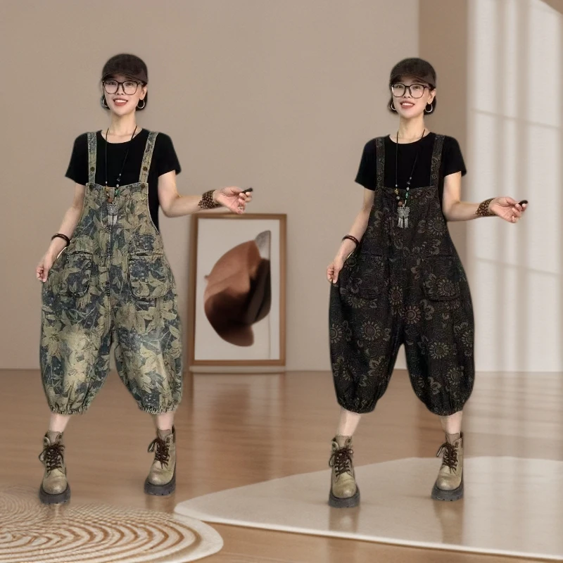 『豪雅』2025夏季新款提花复古牛仔背带裤休闲大码女装时尚宽松显瘦