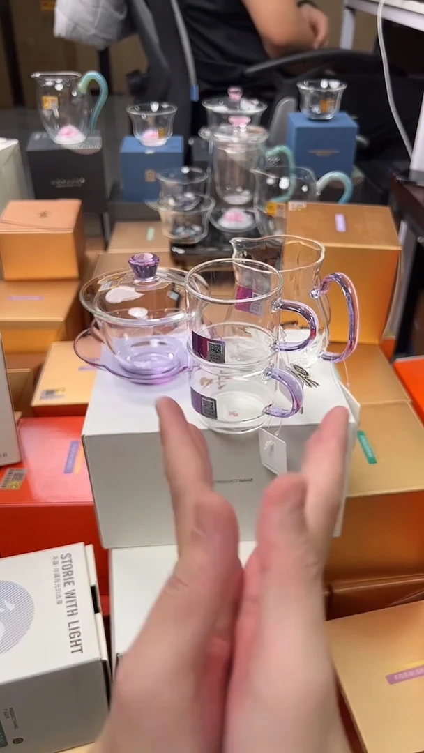 @@禾器晶彩咏荷盖碗浅紫色+颂妍紫+逸杯紫2只