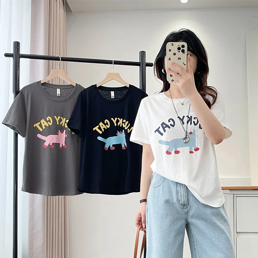 大码胖mm洋气休闲卡通猫印花圆领短袖T恤女夏季新款上衣减龄遮肚