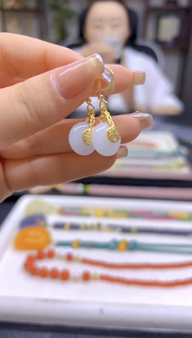 和田玉（白玉）14K金镶嵌耳饰DIY款E228