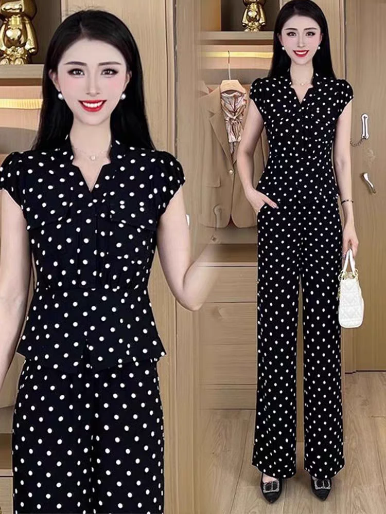 碎花波点两件套时尚小袖2024夏季新款收腰阔腿裤套装女