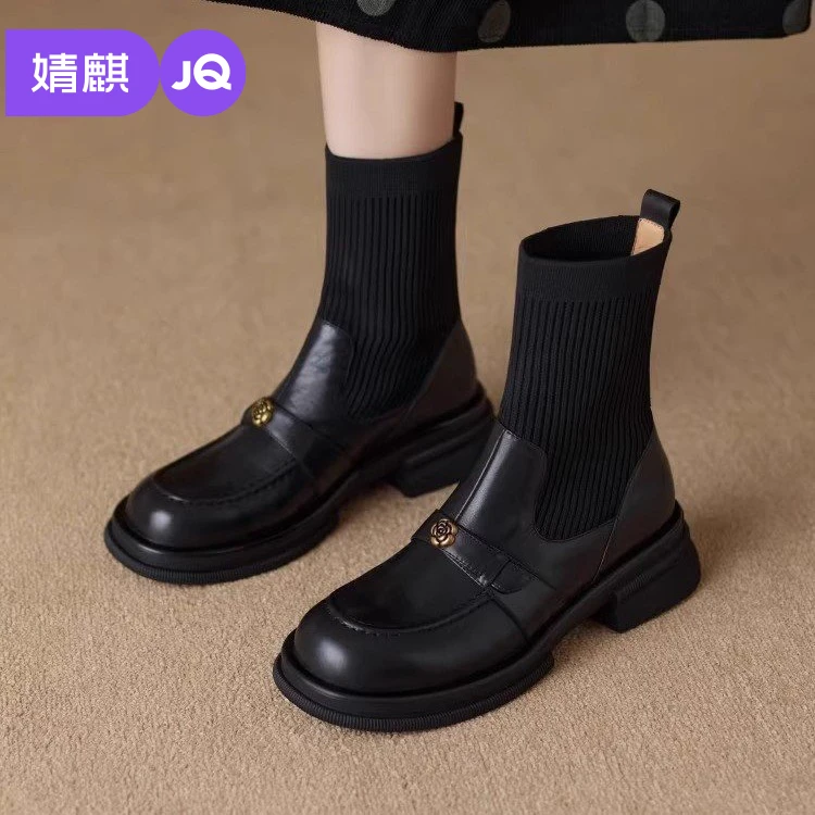 JOYNCLEON/婧麒小个子通勤鞋女软皮圆头针织瘦瘦女靴2025秋冬短靴