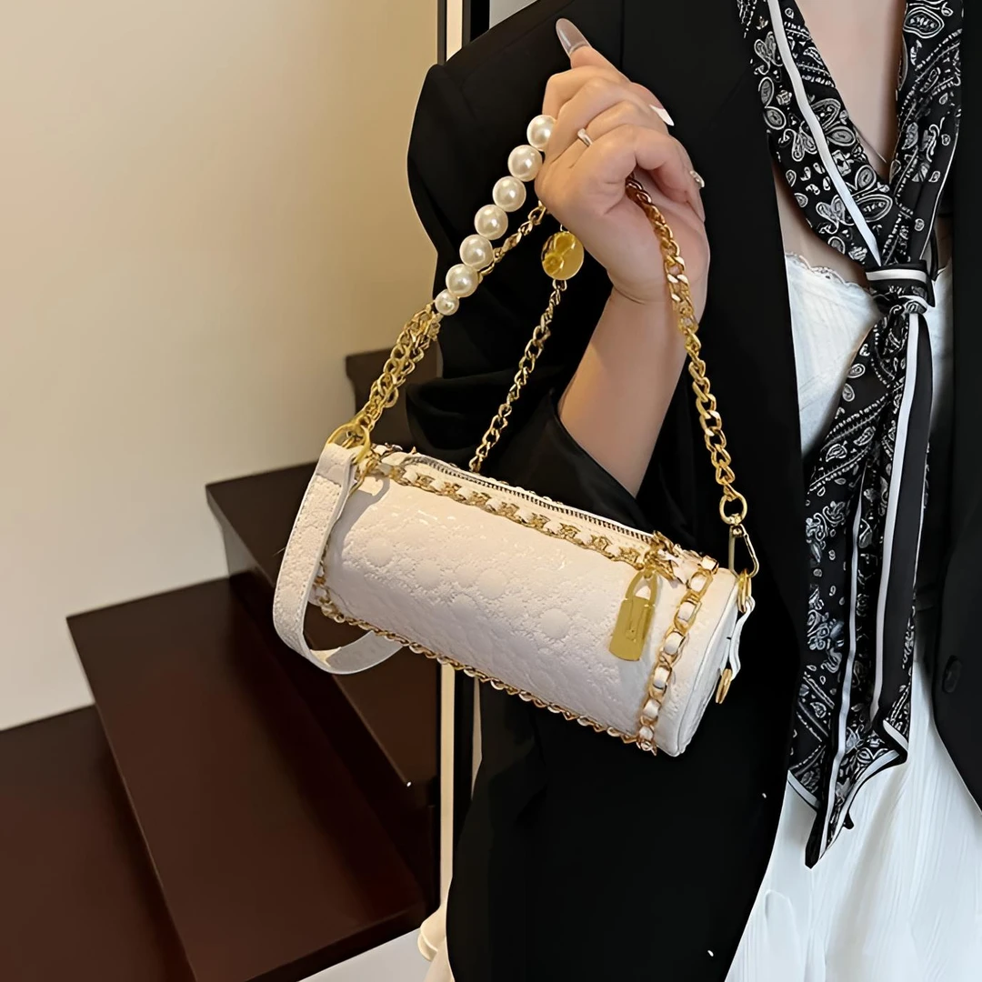 高级感绣线珍珠链条女式斜挎通勤小包包时尚圆筒包网红小香风轻奢