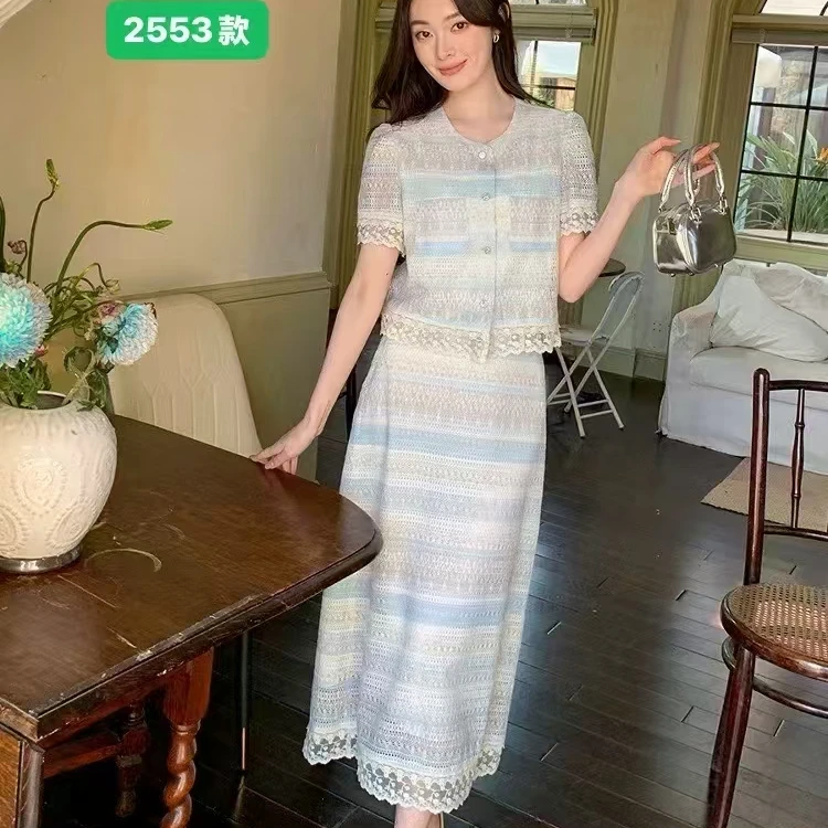 TT 2553 套装新款夏季法式超好看蕾丝拼接短袖上衣长裙套装女