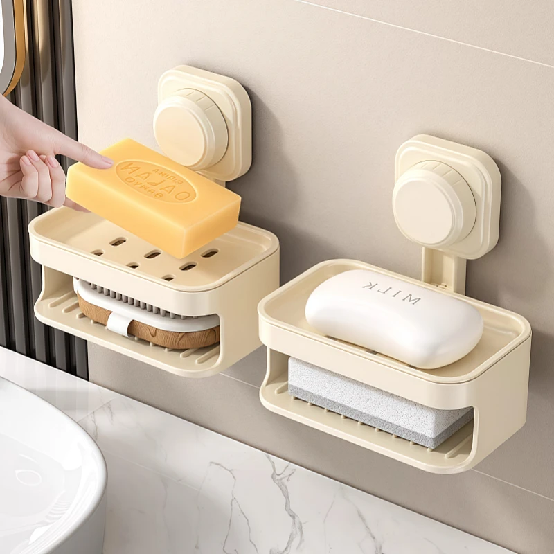 吸盘家用高档沥水肥皂架香皂盒浴室卫生间壁挂式双层免打孔置物架