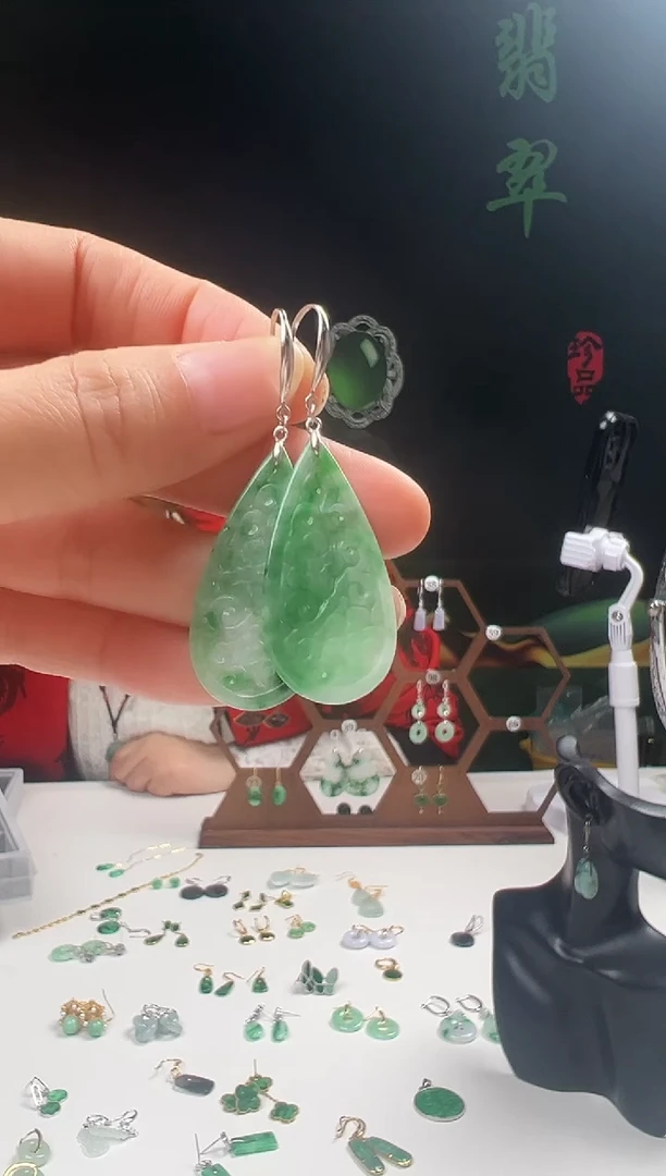 银S925镶嵌翡翠耳饰柒**音007