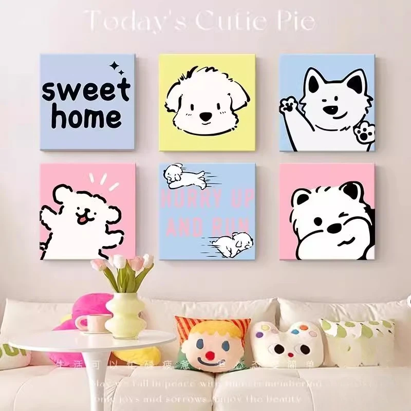 卡通线条小狗客厅装饰画多巴胺ins风餐厅组合挂画可爱儿童房壁画