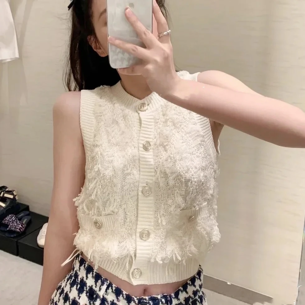 99新 Chanel/香奈儿 34码21S米白色流苏针织无袖开衫，马甲