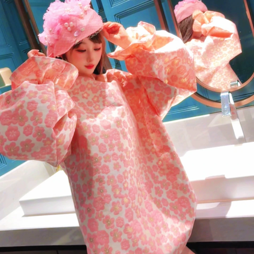 0031【熙妮潮牌】潮牌设计师私人定制小清新甜美印花泡泡袖连衣裙