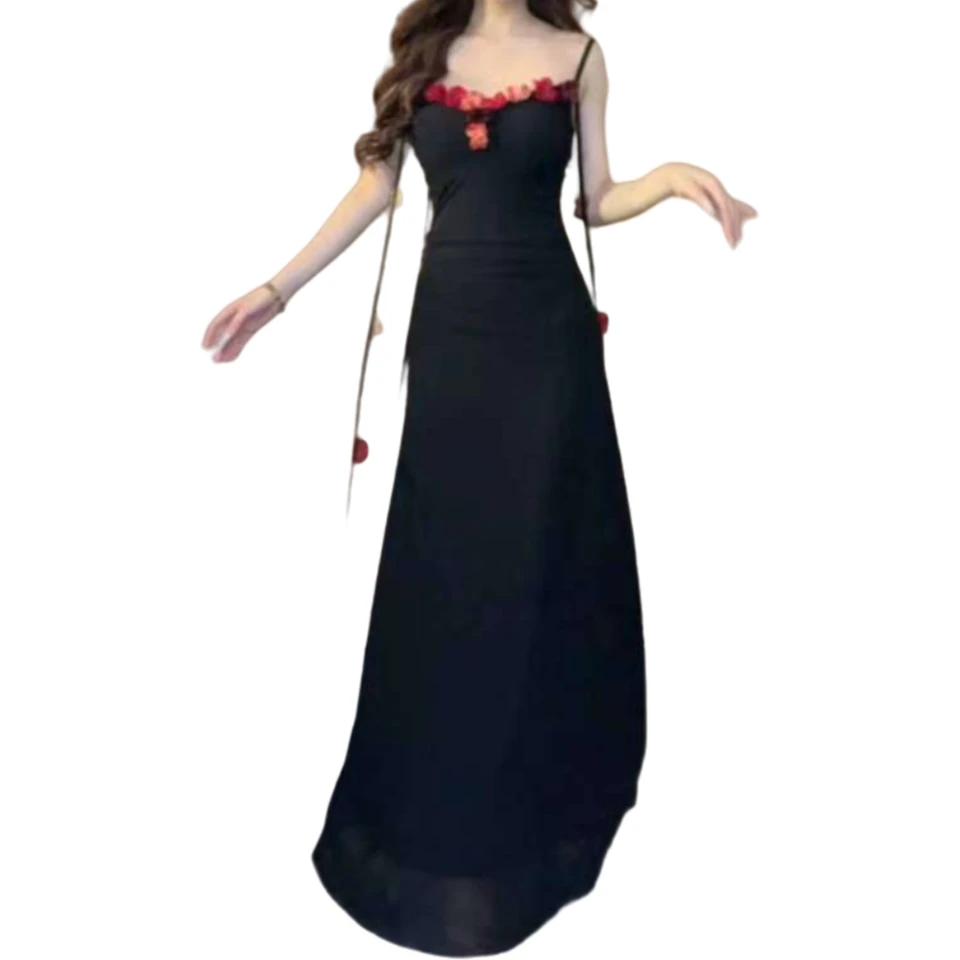 老郭的法式绝美立体花朵吊带连衣裙收腰显瘦优雅长裙