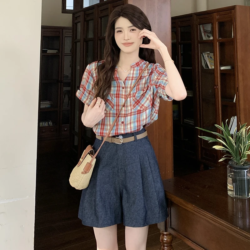 慕兔英式复古格纹撞色衬衫女2025夏季新款小个子盐系圆领纽扣上衣