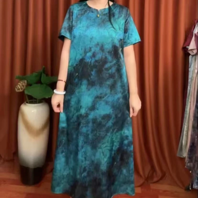 1364蓝色妖姬裙妈妈装高贵新款妈妈装洋气收腰过膝法式