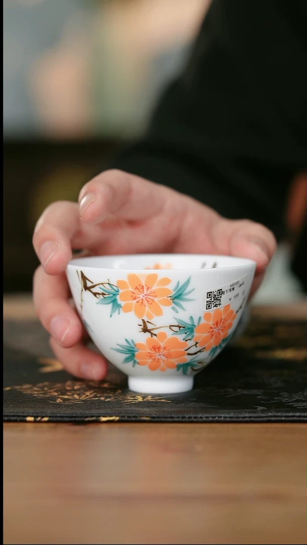 14-30手工手绘海棠花鸡心杯