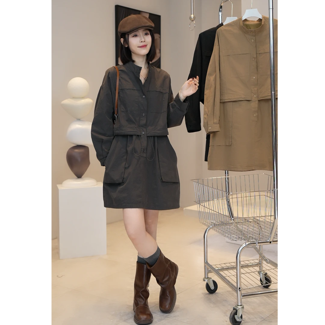 【YUE YUE】气质显瘦收腰工装连衣裙长袖时尚休闲百搭裙子女A27