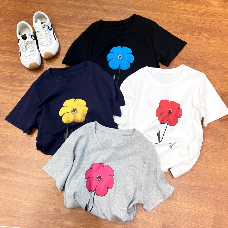 必魅大码短袖印花T恤2025夏季新款显瘦百搭圆领宽松上衣女20324