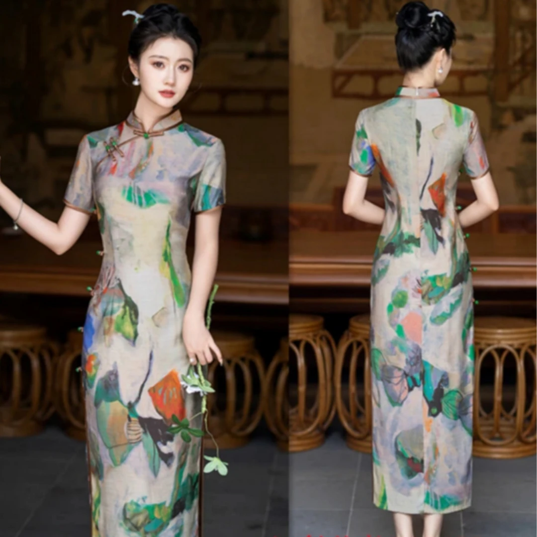 诺妮-七彩水墨铜氨丝侧八扣旗袍