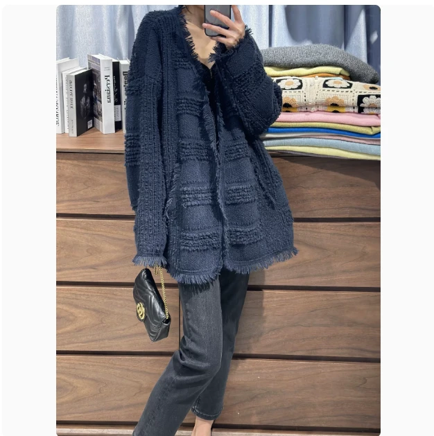 【毛边斗篷】开衫女中长款流苏小香风毛衣外套慵懒风针织上衣