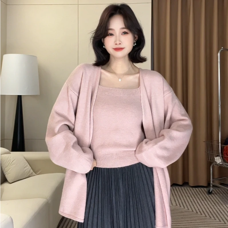 纯色休闲宽松吊带背心两件套2025秋季新款通勤小个子上衣内搭套装