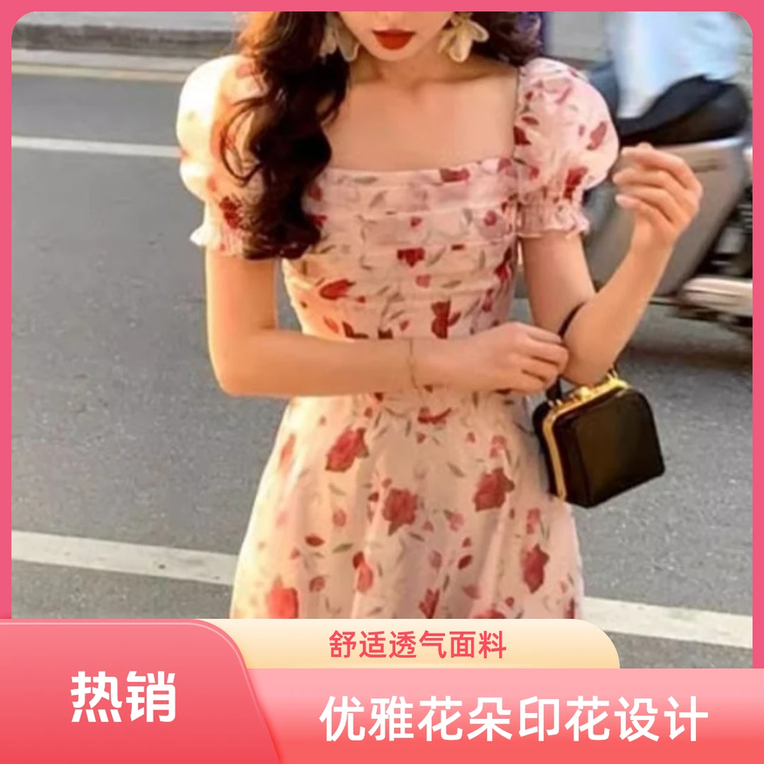 初恋法式泡泡袖高腰玫瑰花连衣裙长裙裙子方领连衣裙