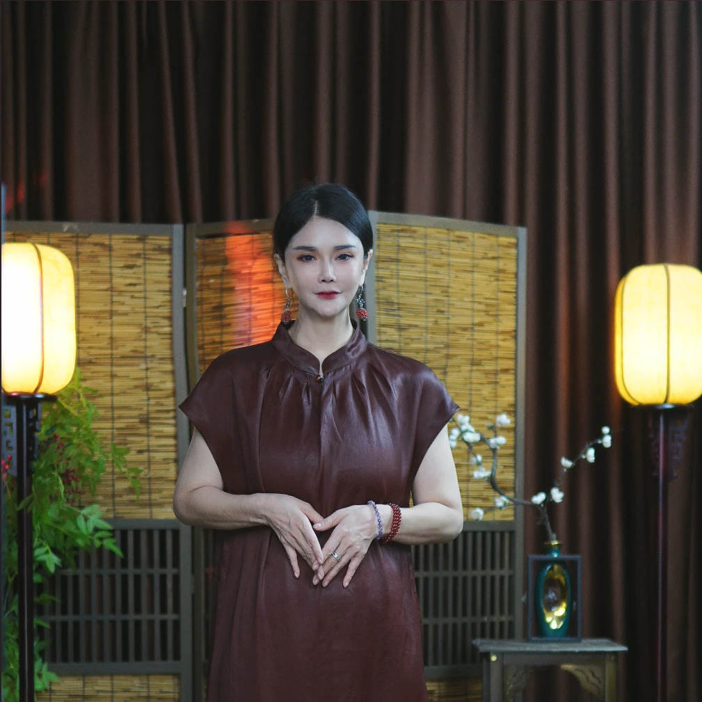 [延禧高定]非遗香云纱时尚100桑蚕丝缎面连衣裙